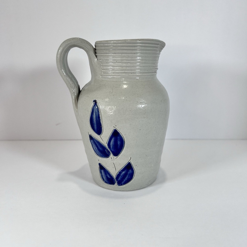 Williamsburg Pottery Salt Glazed Blue Leaf Small‎ Creamer Pitcher Vase Decor